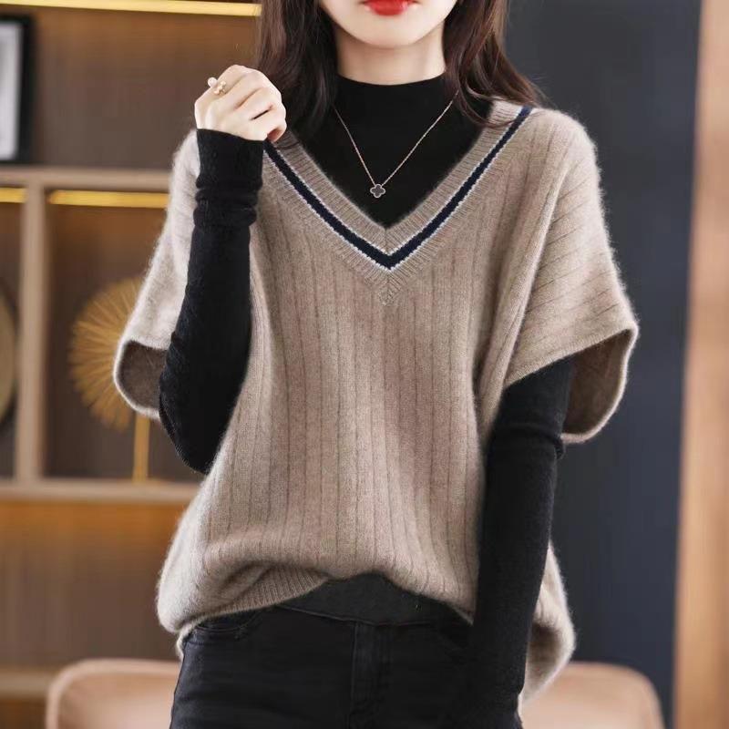 Vest Women V-neck Color Block Sweater 2023 Autumn/Winter Vest Bat Sleeves Loose and Versatile Knitted Sweetheart Pullover Female