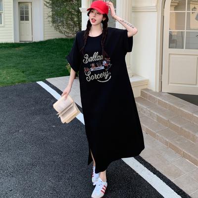 Женское однотонное платье большого размера 2025 Лето Винтажное платье Базовое с круглым вырезом Длинное Повседневное Свободное Черное платье Макси