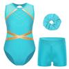 Girls Complete Dance Set Sleeveless Leotard Keyhole Back Patchwork Style Rhinestone Waistband Performance Outfit