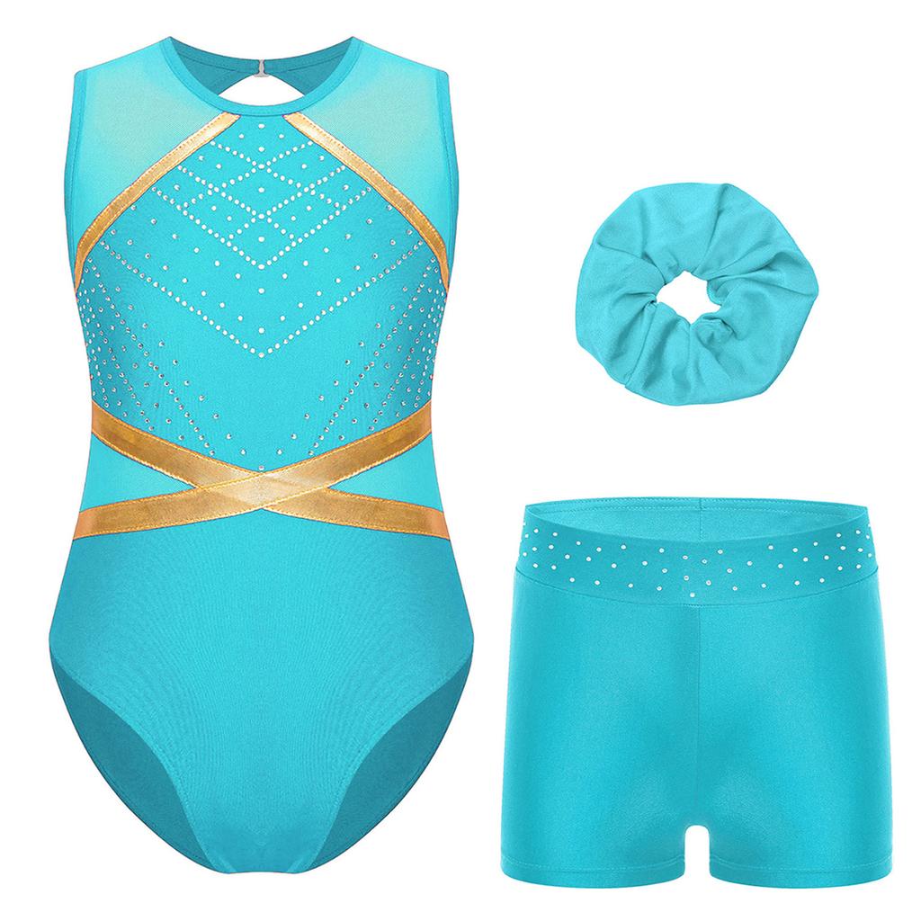 Girls Complete Dance Set Sleeveless Leotard Keyhole Back Patchwork Style Rhinestone Waistband Performance Outfit