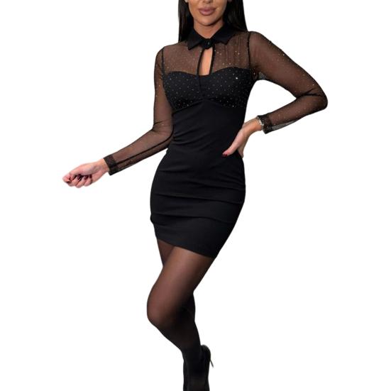 Женское платье с ажурной сеткой в стиле пэчворк, облегающее мини-платье из двух частей с отложным воротником, эластичное короткое платье для выпускного вечера в клубе