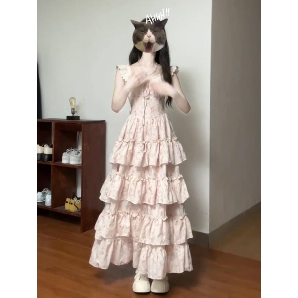 Xiaofei Sleeve Pink Floral Suspender Dress Women's Summer Beauty Gentle Wind Princess Cake Dress Long Skirt