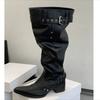 2025 Retro Design Pleated Pointed Toe Buckle Strap Women Knee-High Boots Low Heels Shoes Autumn Long Botas De Mujer