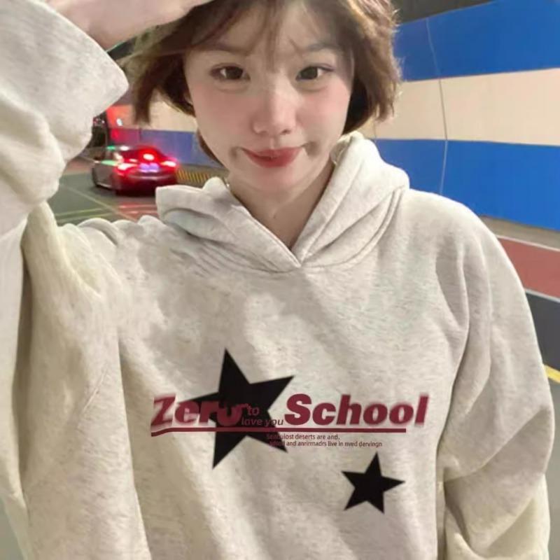 Осень Зима Женские Винтажные Пуловеры с Принтом Дамские Харадзюку Y2K Повседневные Толстовки с Капюшоном с Карманом Женский Топ с Капюшоном