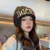 Embroidery Letters Knitted Hat Female Fall and Winter Thickened Large Head Circumference Trend Versatile Show Face Small Set of Head Cap