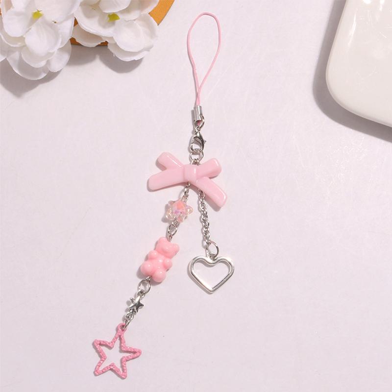 Goth Y2K Phone Charm Bow Keychain Pendant Kawaii Key Chain Bag For Girls Women Guitar Strap Lanyard Beaded Keychain Pendant
