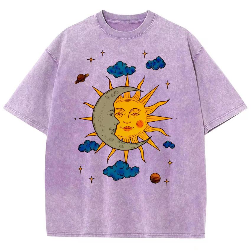 Женская футболка с принтом «Солнце обнимает луну», стираная, ретро, свободный, короткий рукав, американский тренд, летний топ