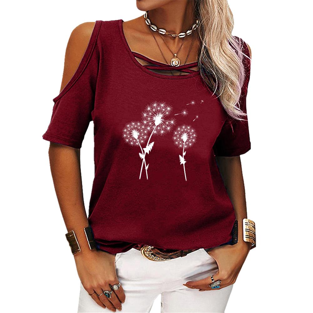 Women Fashion Off Shoulder T-shirt Ladies Casual Round Neck Floral Print Top Summer Short Sleeve Tee Shirt