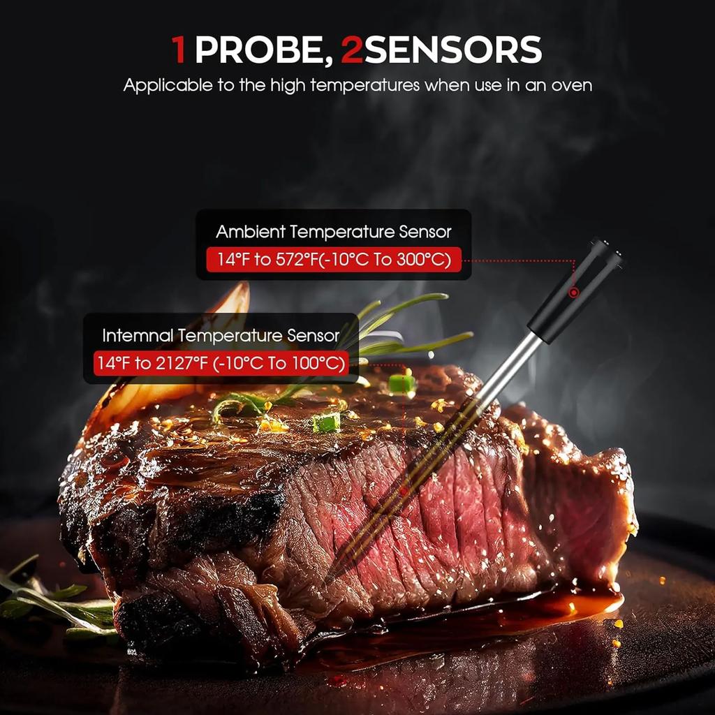Wireless Meat Thermometer with Bluetooth, 360 Ft Range, Smart Cooking Thermometer for Oven, BBQ, Grill, Kitchen, Smoker
