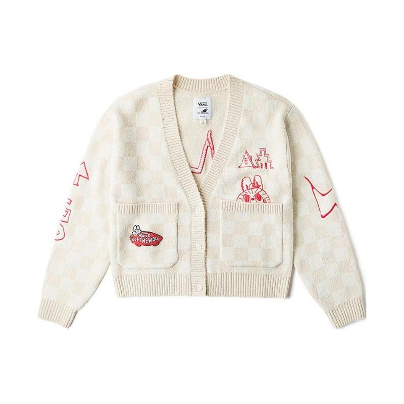 Vans X The Monsters Коллаборация Labubu Буква Однобортный Повседневный Длинный Рукав Вязаный Свитер Женский Свитер Бежевый В Клетку VN000JFEDHI