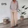 Women's Loose 2-Piece Outfit Long Sleeve V Neck Top Wide Leg Pants with Pockets Casual Loungewear Tracksuit