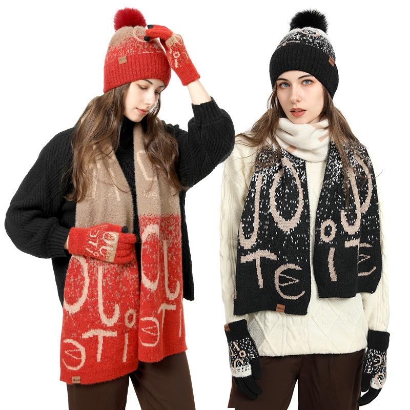 Winter Knitted Women's Jacquard Thickened Imitation Mink Scarf, Hat and Gloves Three-piece Set