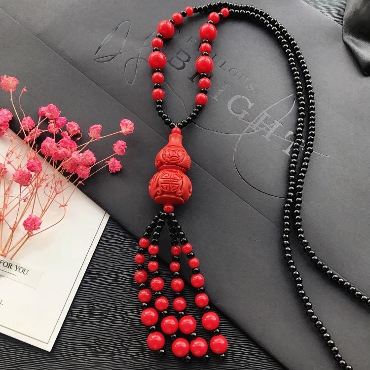 New Vintage Versatile Red Cinnabar Sweater Chain Natural Long Female Rose Necklace Pendant Accessories