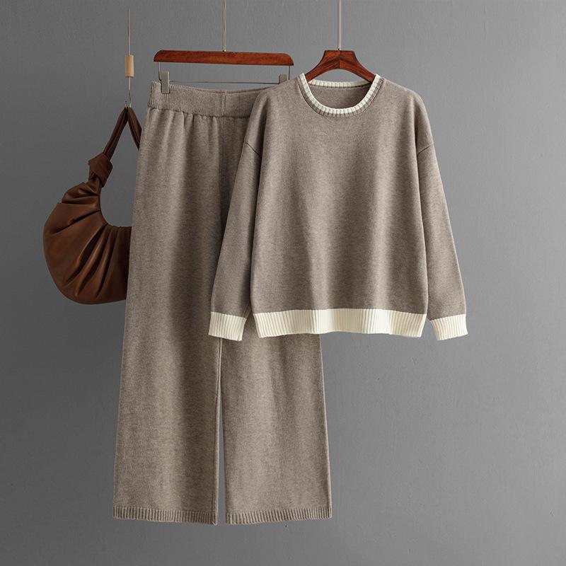 GMXIA Autumn and Winter Style Contrasting Color Round-neck Knitted Sweater Slimming Wide-leg Pants Two-piece Set for Women