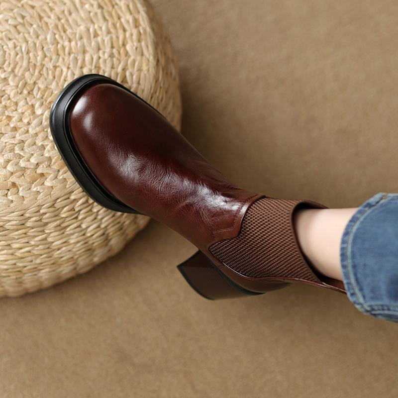 Натуральная кожа ретро круглый носок резинка толстая подошва высокий каблук 2025 новые черные короткие ботинки женские туфли челси ботильоны