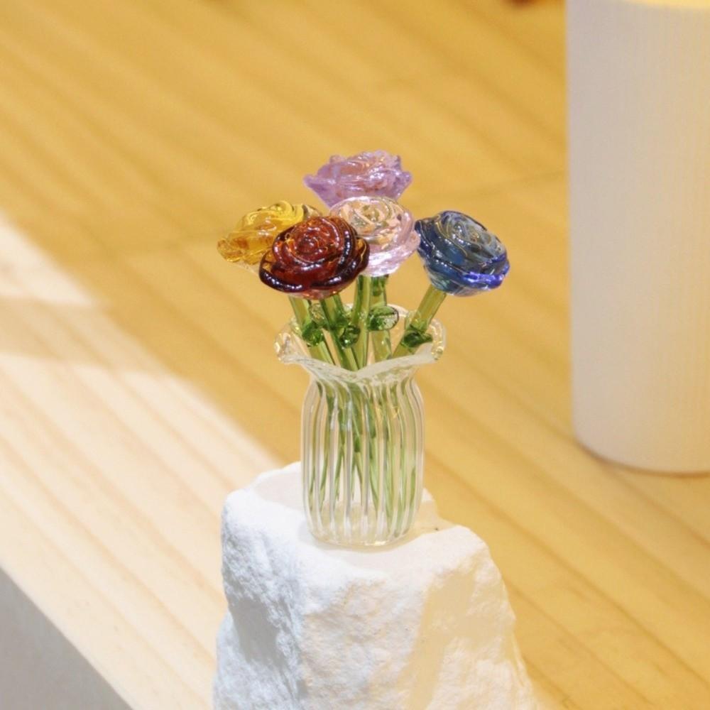 Colored Glaze Glass Flower Bouquet Simulation Floral Hand-blown Glass Flower  Home Room Decoration