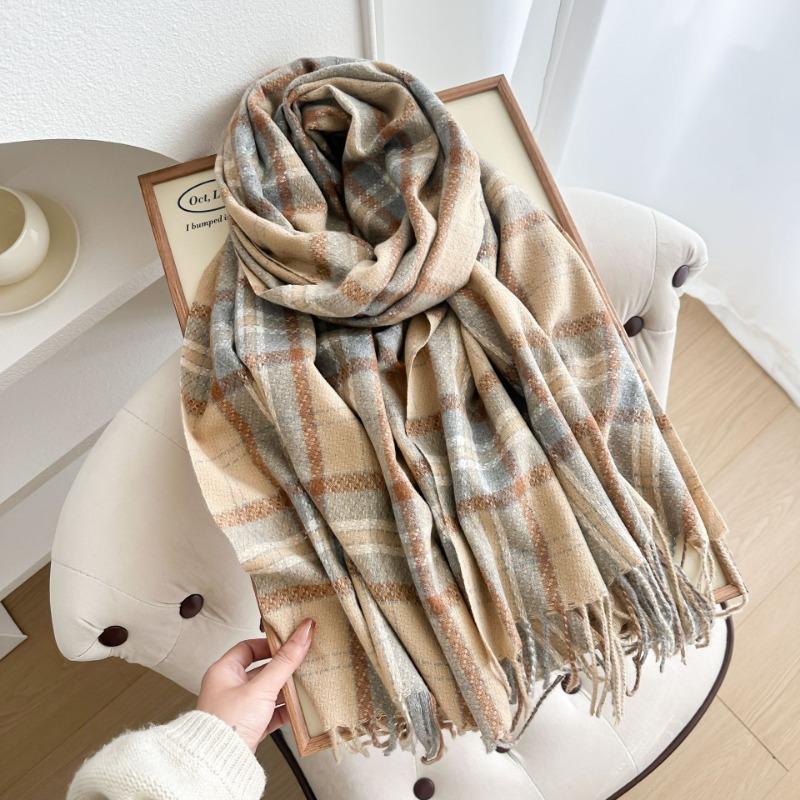 Клетчатый шарф женский зимний полосатый студенческий теплый утолщенный шарф-шаль из искусственного кашемира