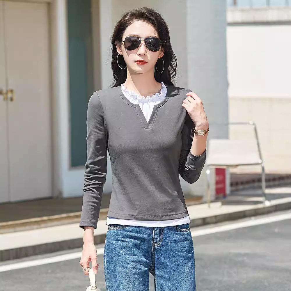 Женские топы на весну и лето, кружевной воротник, имитация двух частей, супер милая облегающая хлопковая футболка с высокой талией, имитация двух частей, длинный рукав