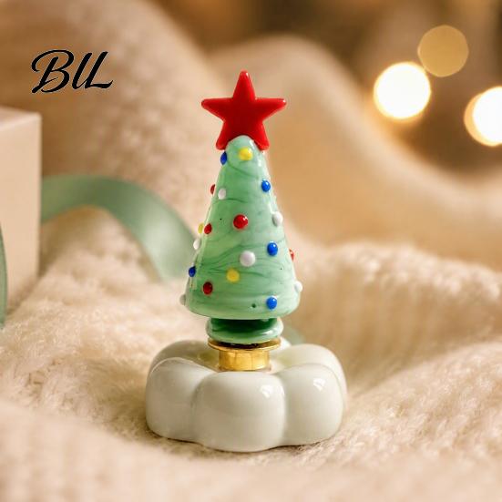 Crystal Holiday Decor Handmade Glass Christmas Tree Ornament with Star Top And Colorful Bead Details, Figurine Desktop Rotating for Home Tabletop