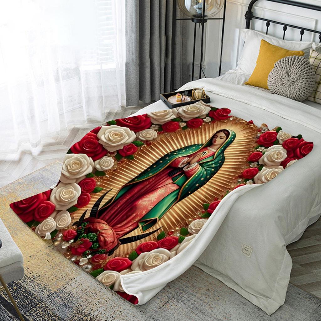Фланелевое одеяло с узором «Богоматерь с розами», всесезонное, многоцелевое: для домашнего декора, сна, офисный шарф, дивана, путешествий