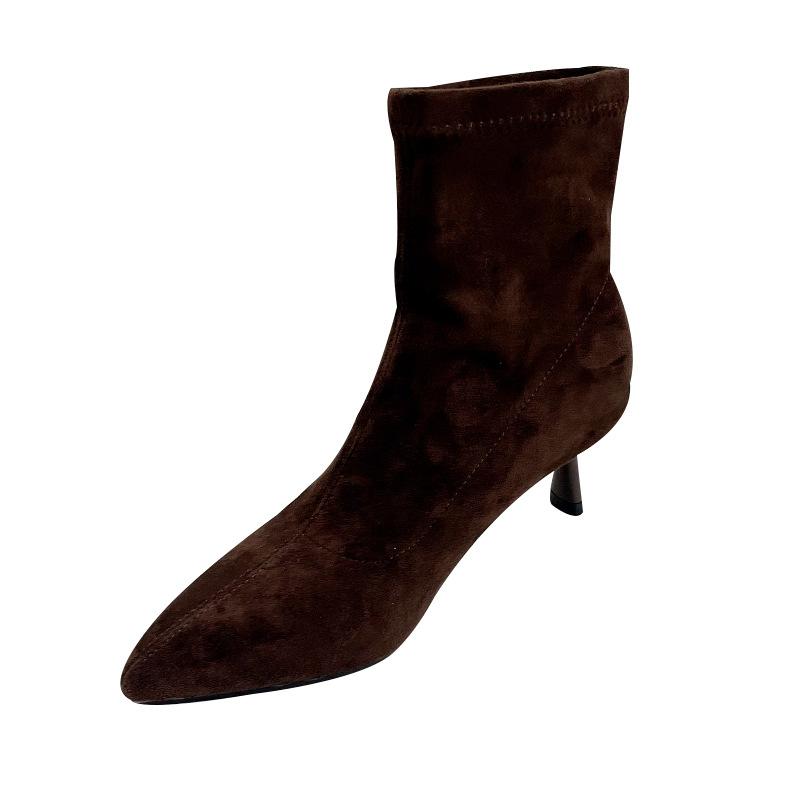 Осень-зима 2025, корейская версия, модные темпераментные ботильоны на высоком каблуке с острым носком, эластичные тонкие ботинки из замши, элегантные ботильоны на тонком каблуке для通勤 wo