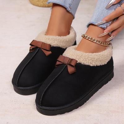 Замшевые ботинки-дутики с бантом и мехом женские 2025 зимние удобные с мягкой подошвой пушистые меховые ботильоны теплые плюшевые туфли большой размер 43