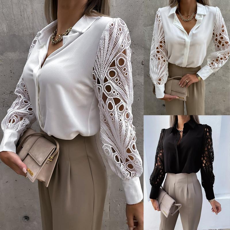 Womens Elegant V Neck Long Sleeve Blouse Shirt Floral Lace Patchwork Lady Tops