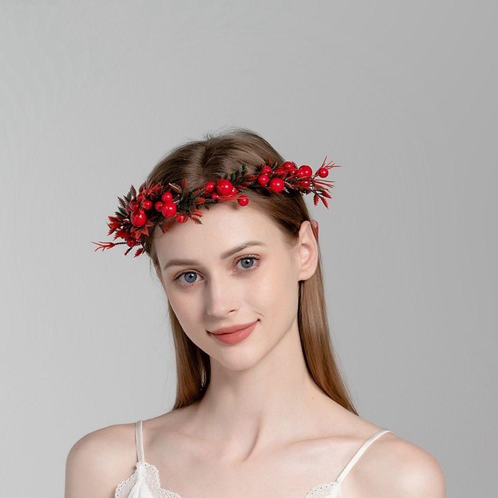 Flower Christmas Headband Crown Flower Headband Red Berry Garland Wreath Decoration Women Headwear