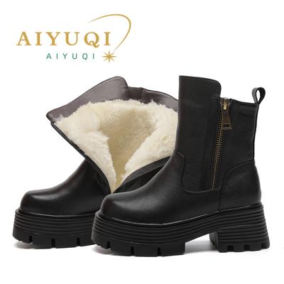 Модные женские ботинки AIYUQI на платформе, большого размера, на толстой подошве, модные женские зимние ботинки, теплые из толстой шерсти, из натуральной кожи, женские ботильоны