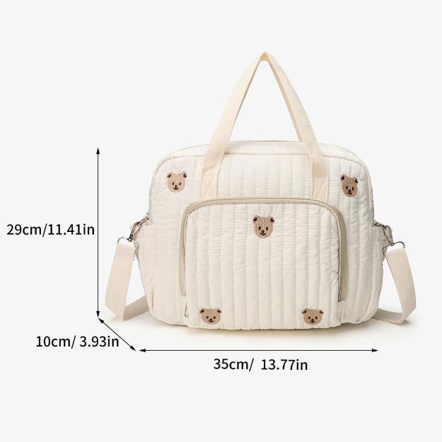 New Luggage Bag Diaper Bag Cute Bear Flower Embroidery Pattern Tote Bag Beige Cotton Fabric Zipper Diaper Handbag
