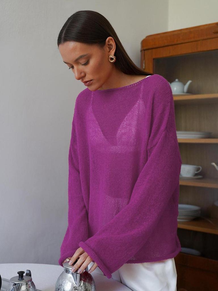 2025 Spring/Summer European-American Hollow Knit Sweater: Women's Thin, Large Round Neck, Trumpet Sleeve T-Shirt