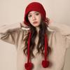 Шапка Женская Зимняя Японская Теплая Защита Ушей Вязаная Шапка Помпон Милая Универсальная Большой Обхват Головы Красная Шапка-Балаклава Шерстяная Шапка