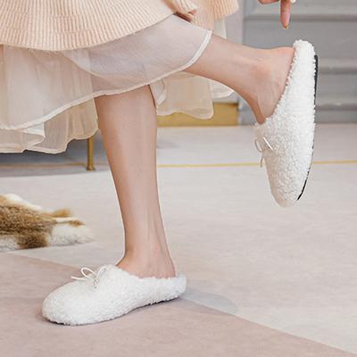 Модные туфли-бабочки, теплая меховая зимняя обувь, женские толстые плюшевые хлопковые тапочки, женская домашняя обувь, мюли из овечьей шерсти, тапочки, большой размер 43