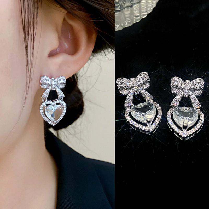 Exquisite Pink Heart Shape Bowknot Stud Earrings For Women Shining CZ Zircon Love Earring Girl Wedding Party Temperament JewelryGood product