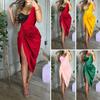 Women Evening Dress One Shoulder Sequin V Neck Tight Waist Sheath Split Hem Slim Fit