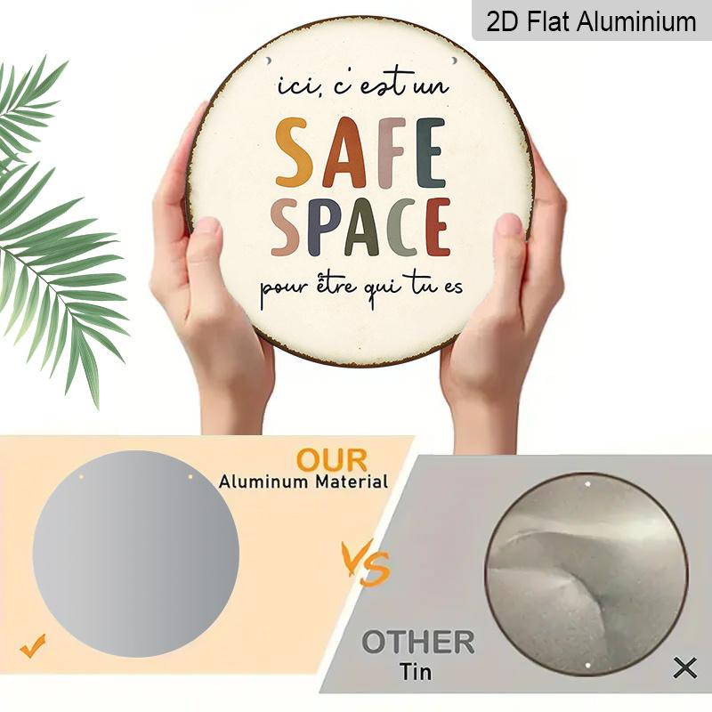 2D Flat, 1pc French-Inspired "Safe Space" Bilingual English/French Aluminum Wall Plaque - 7.87-Inch Round Vintage Sign for Home, Office, Cafe