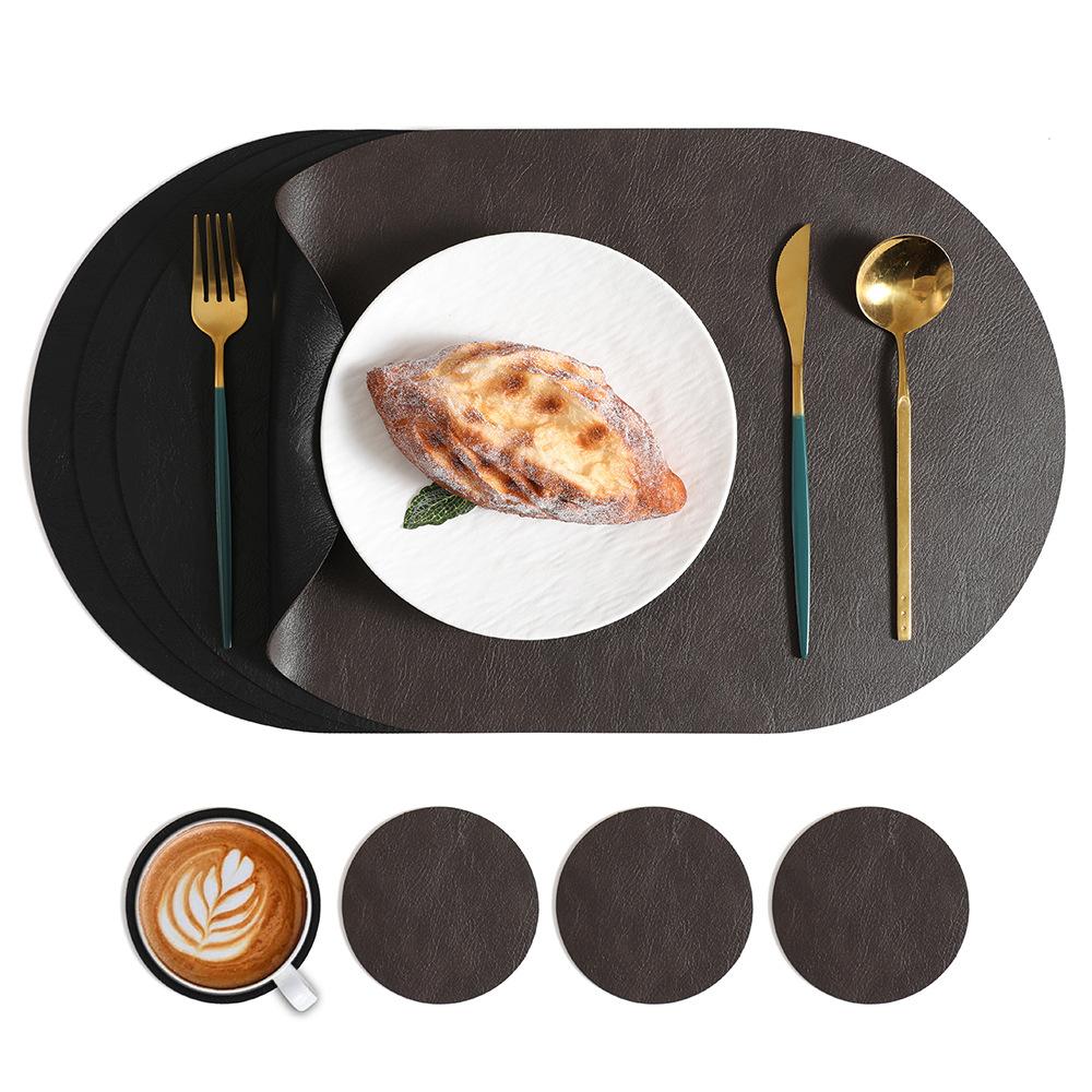 Nordic ins cowhide leather placemat two-color tableware oval dining table western food plate anti-scalding heat insulation pad waterproof