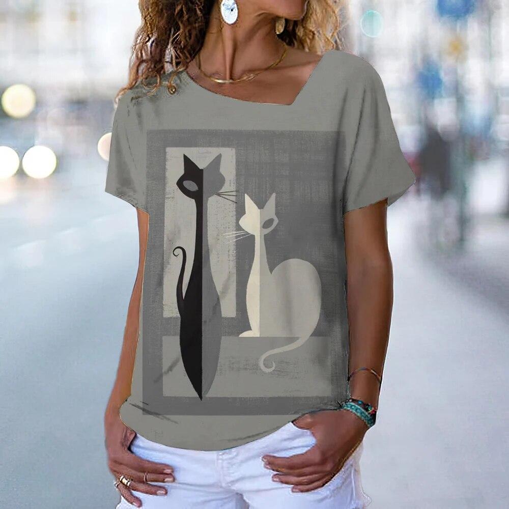 Винтажная футболка с котенком, женская футболка с рисунком кота в стиле аниме, блузка с v-образным вырезом, летняя одежда большого размера с коротким рукавом, женская одежда в стиле Харадзюку, повседневная уличная одежда