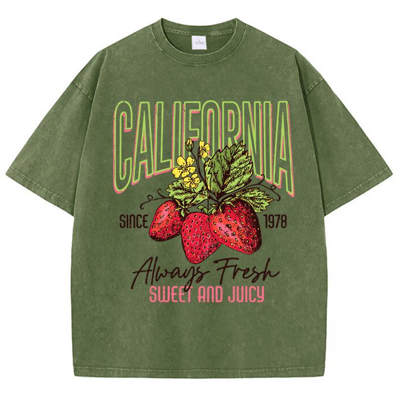 Womans Cotton Washed T-Shirts All-Math O-Neck Distressed Short Sleeve California Strawberries Print Tops Summer Female Clothes