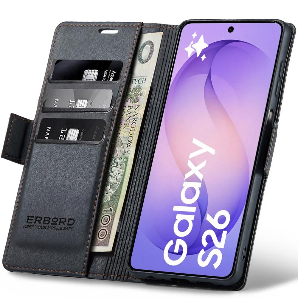 Samsung Galaxy S26 Case, ERBORD Glossy Litchi, Wallet with Flip, Black