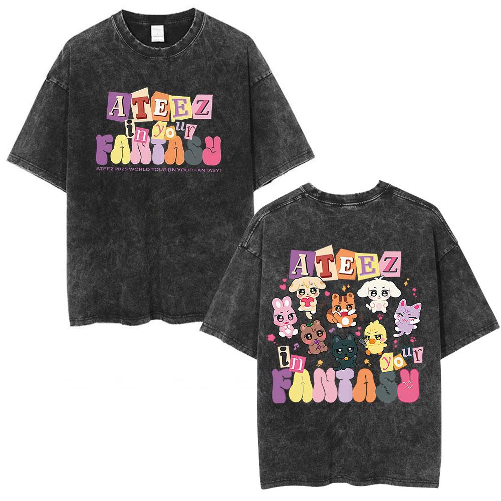 Ateez 2026 World Tour in Your Fantasy Tour Cherry Vintage Washed T Shirt Korean Kpop Fashion T-shirt Men's Women Cotton T-shirts