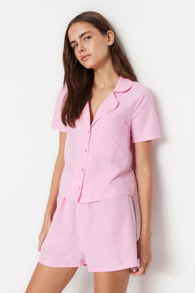 Women's Fashion Green Terrycotton Shirt-Shorts Woven Pajama Set