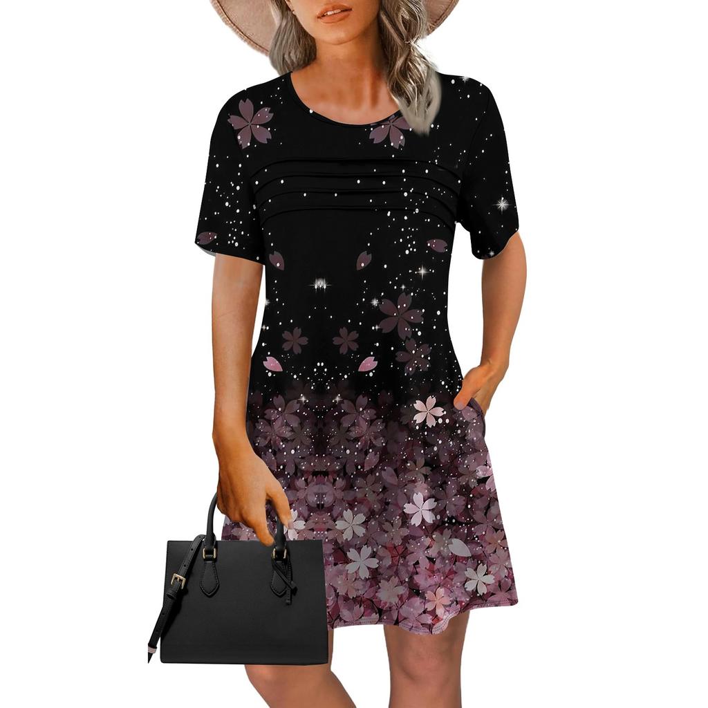 Женское летнее винтажное платье с цветочным принтом, повседневное платье с коротким рукавом и круглым карманом