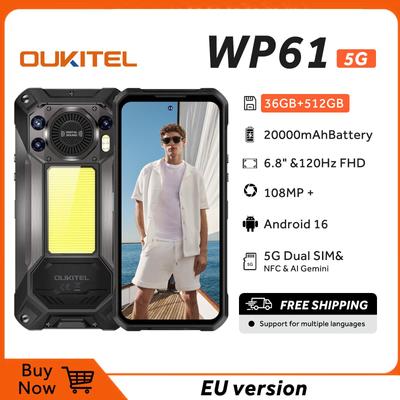 Oukitel WP61 5G Уличный смартфон Android 16--20000 мАч, 6,8" 120 Гц Уличный телефон 36 ГБ+512 ГБ Телефоны, 108 МП+8 МП Ночная съемка, IP68/Две SIM-карты 5G/NFC/GPS