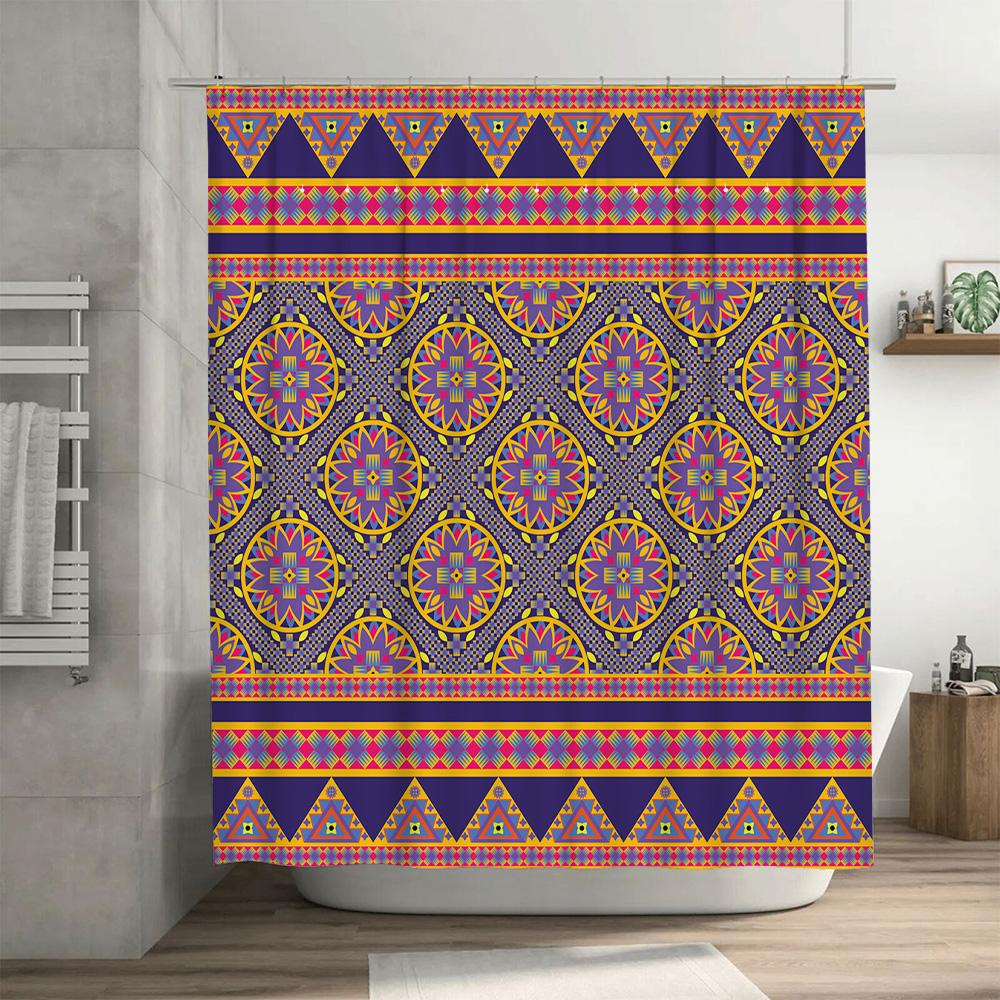 Vibrant Bohemian Shower Curtain With Geometric Patterns For Bathroom Decor Purple Pink Blue Yellow Orange Floral Design Bath Rug