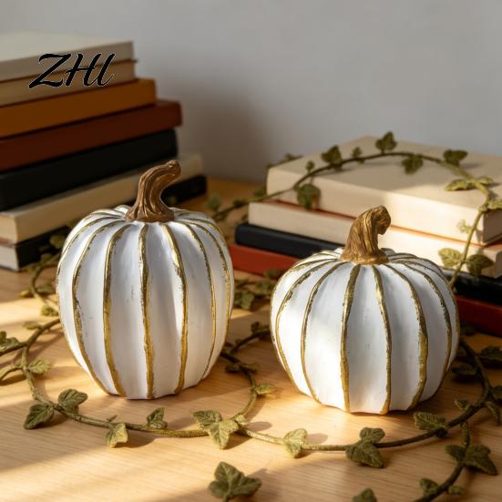 Halloween Display Props Fall Pumpkin Decor, White Gold Thanksgiving Decorative Pumpkin, Resin Pumpkins Holiday Gift for Home Figurine, Statues