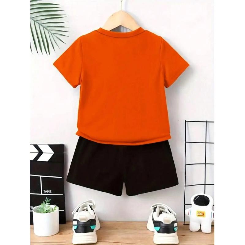 Summer Children's Clothing Set Cartoon Tiger Print round Neck T-Shirt Top with Elastic Waist Solid Color Shorts for Kids