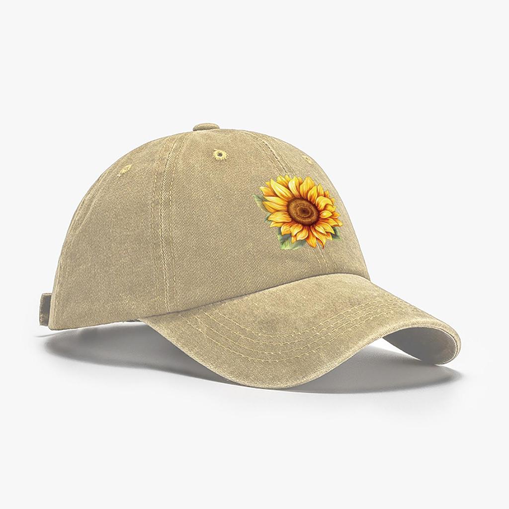 Sunflower Print Cotton Baseball Cap, Floral Pattern Distressed Sport Hat With Adjustable Closure, Sun Protection Peaked Cap