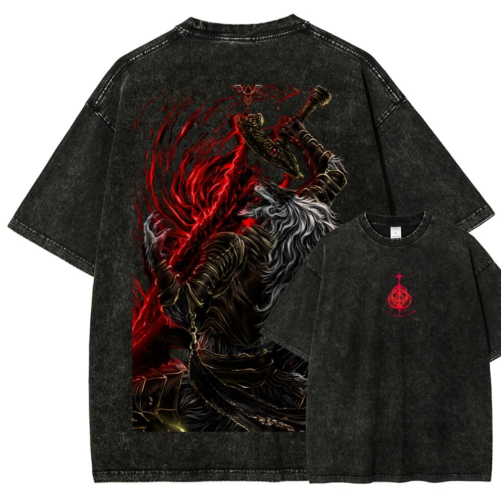 Vintage Washed Oversized Crewneck T Shirt Print Dragon Lightning Demon Wing Graphic Y2K Goth Streetwear Loose Casual Tee for Men Women Punk Fans