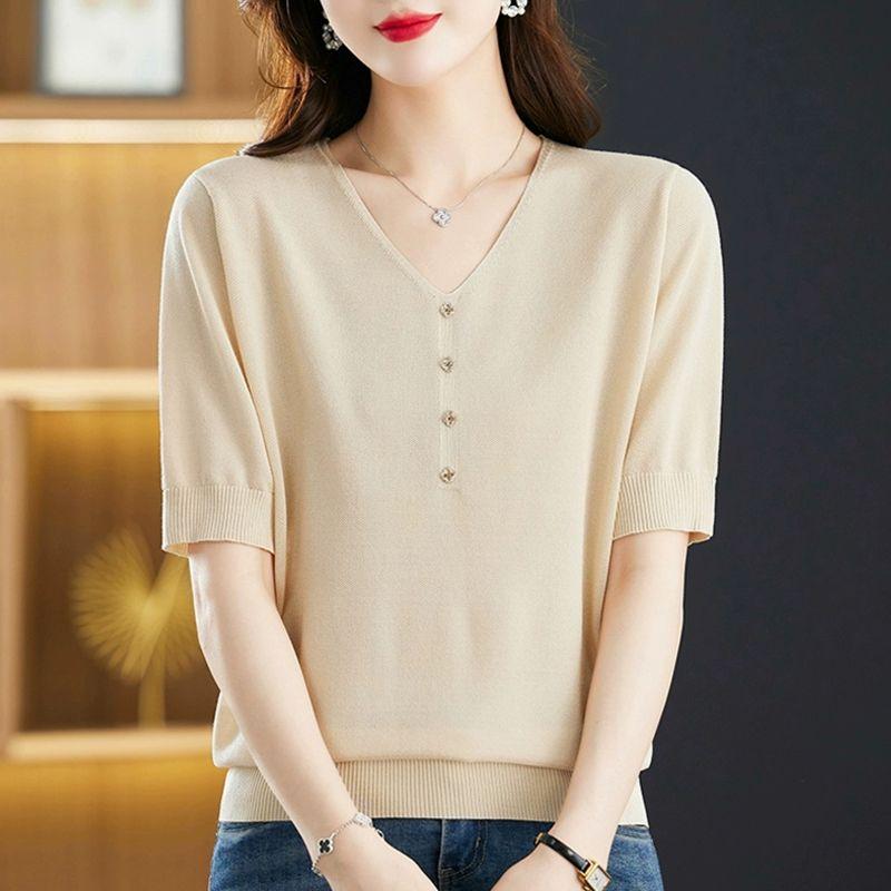 Летняя женская трикотажная футболка Ice Silk с короткими рукавами, летний новый свободный и стильный тонкий трикотажный топ с V-образным вырезом